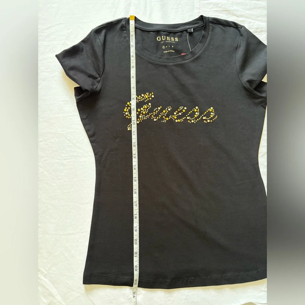 NWT-GUESS Women's Jet Black Logo Studded Tee - Picture 7 of 8